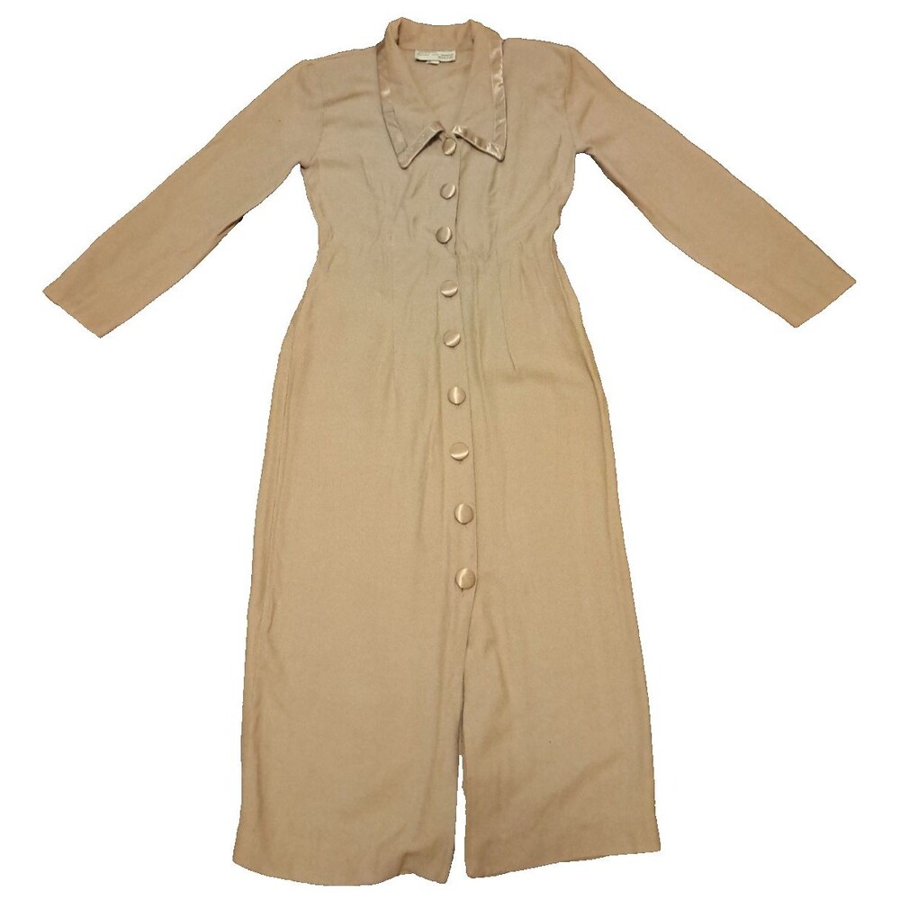 Vintage Midi Dress Fitted Waist Button Down Satin Trim Pointed Collar 90s S